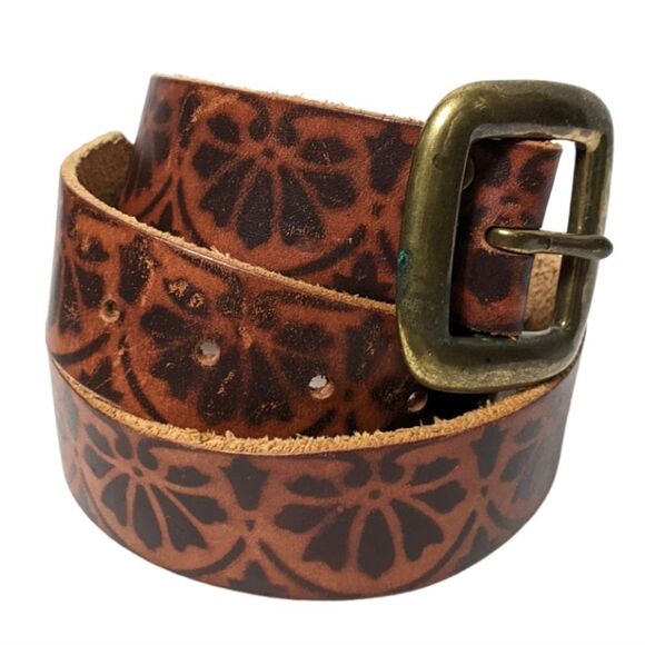 LUCKY BRAND Floral Burned Leather Belt 30